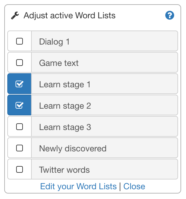 Select word lists screenshot