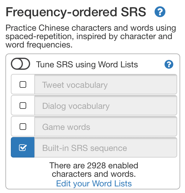 SRS word lists menu screenshot