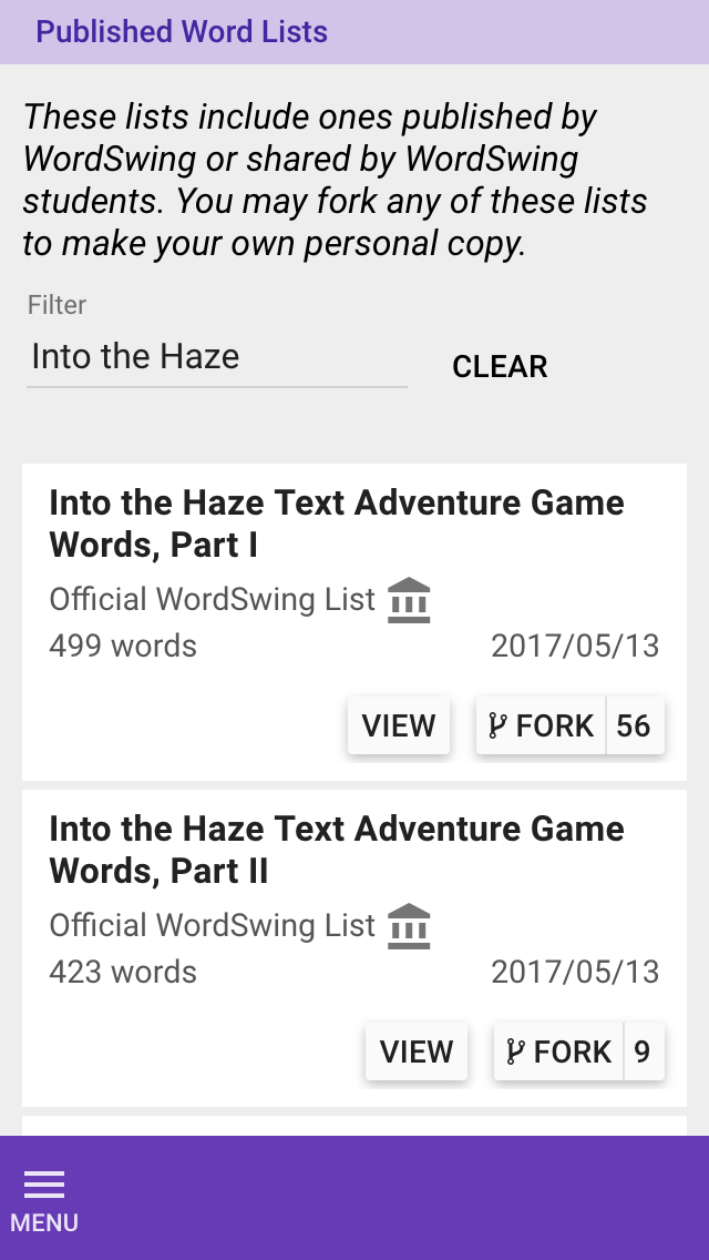 Into the Haze word lists